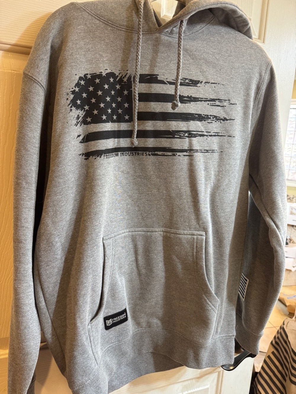 Freedom Industries Men's Gray Pullover Hoodie with Distressed Flag Graphic